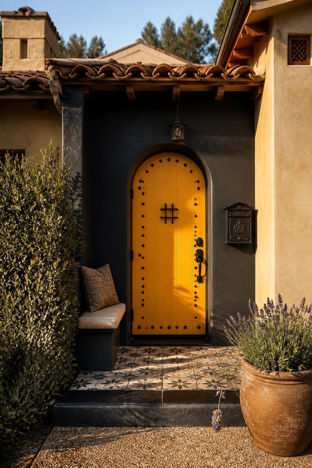 A yellow arched wooden door with black hardware set into a dark wall, flanked by a potted plant and a small bench with a cushion on patterned tile steps.