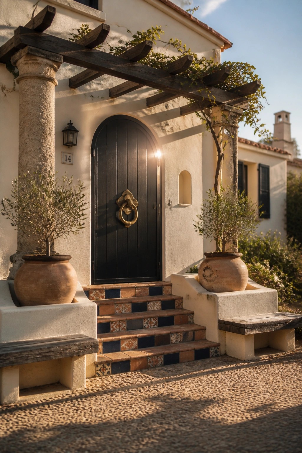 A white stucco house facade with a black arched door under a dark wooden pergola, two large terracotta pots with olive trees on tiled steps, and a wall lantern beside the door.
