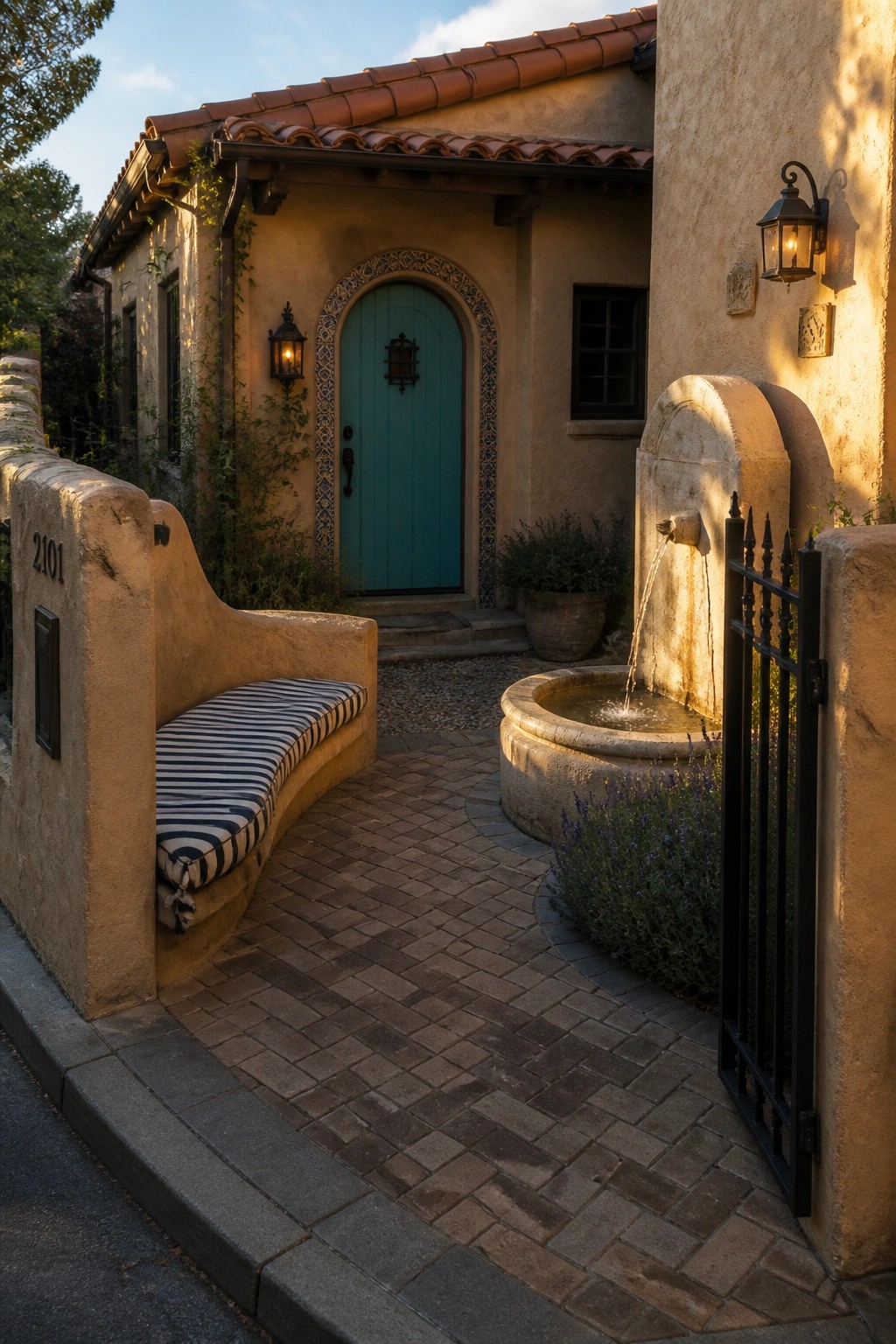A stucco house exterior with a turquoise arched door, a curved built-in bench with striped cushion, a stone fountain, and a brick pathway leading to the entry.