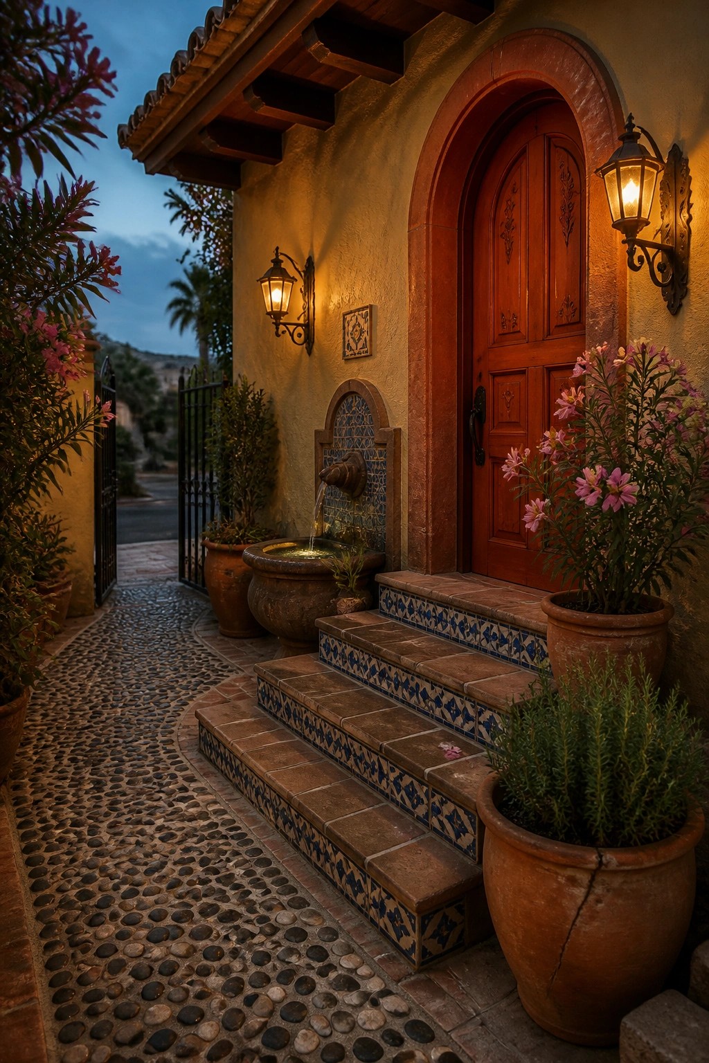 Spanish-style entry with arched door, tiled fountain, potted flowers, and cobblestone path at dusk