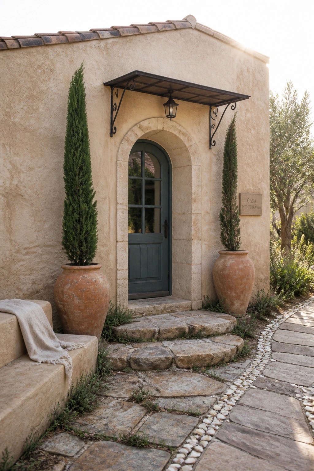A Mediterranean-style house entrance with a teal arched door under a stone arch, a metal canopy above, and two large terracotta pots with tall cypress trees on either side.