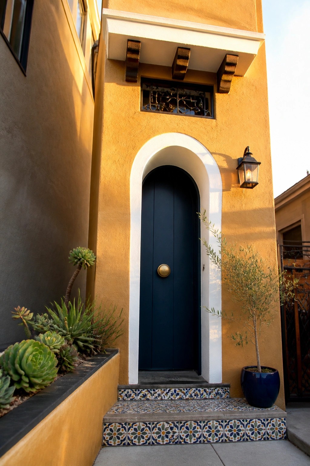 A narrow Mediterranean home entrance shows a dark blue door inside a white arched opening on a yellow stucco wall, with colorful patterned tiles on the steps and a potted tree to the right.