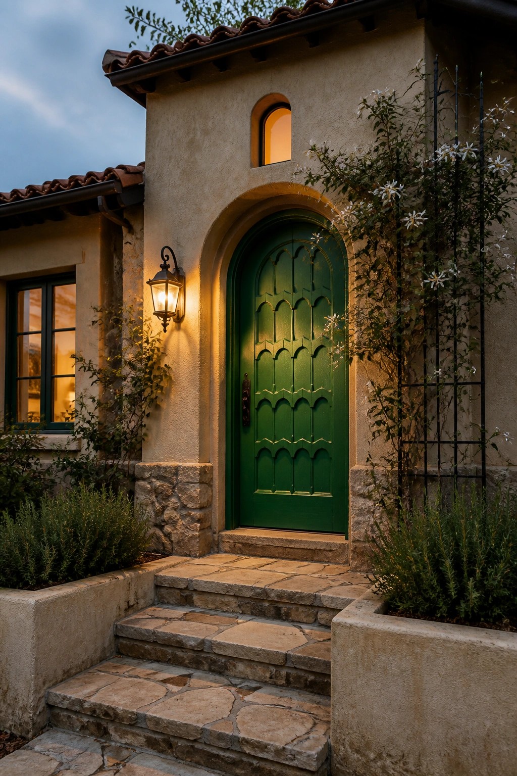 A stucco house exterior features a bright green arched wooden door with decorative panels, set above stone steps and flanked by a wall lantern and climbing white flowers.