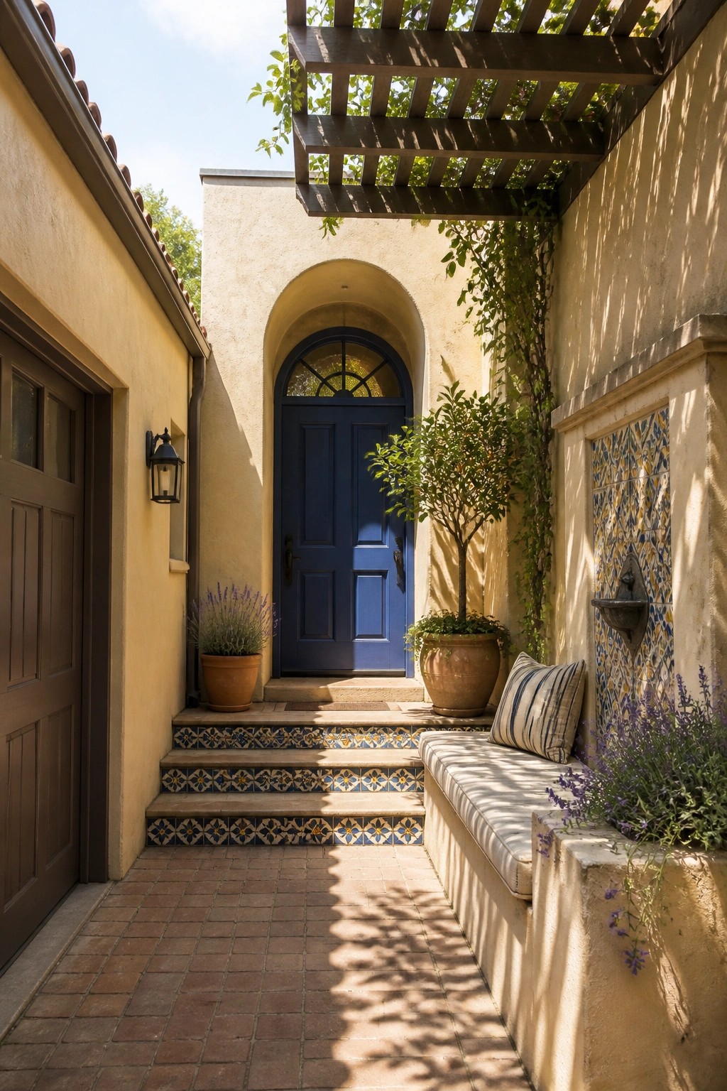A narrow courtyard entry with a blue door under an arch, tiled steps, a built-in bench with cushion, potted plants, climbing vines, and a wooden pergola overhead.