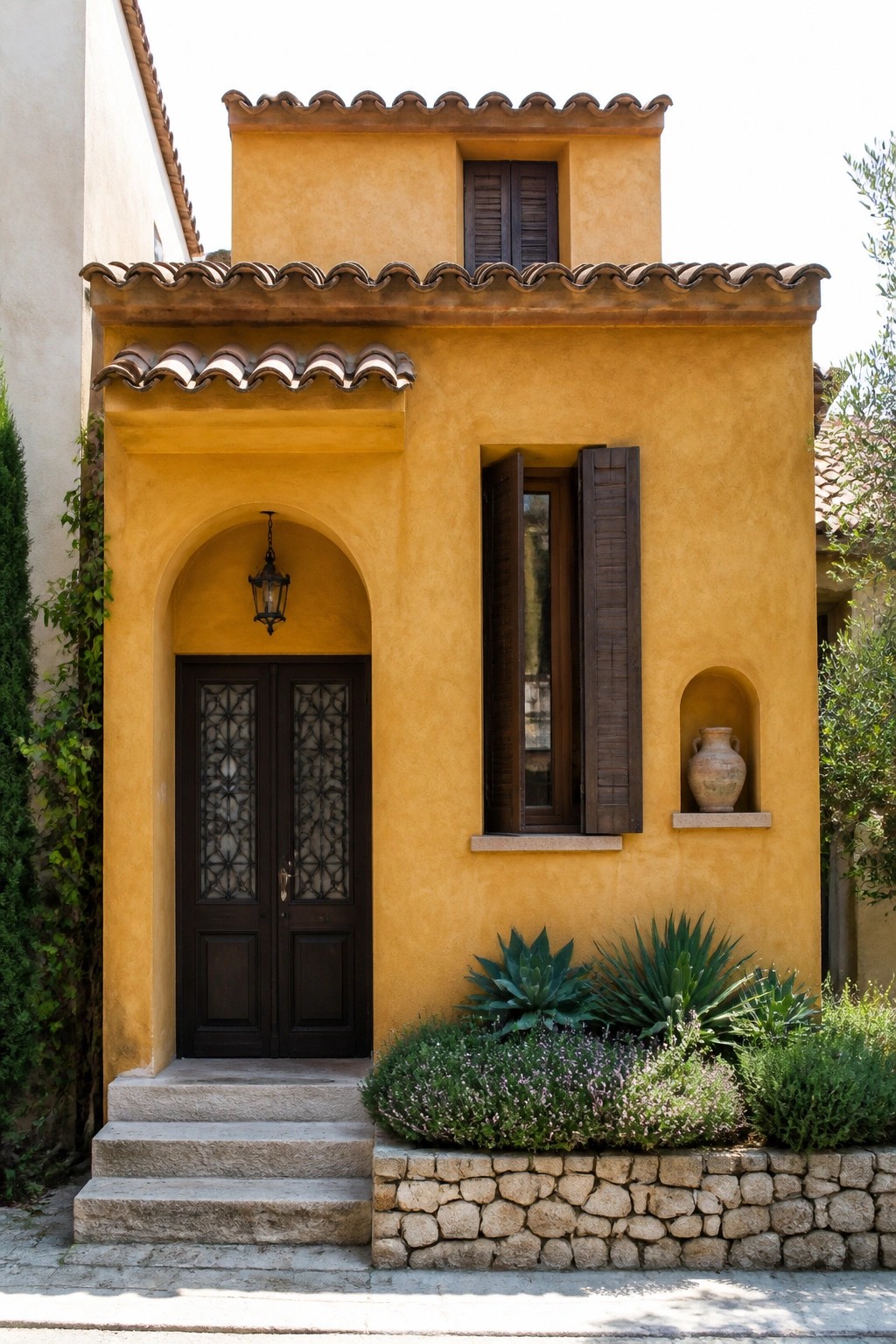 A small yellow Mediterranean house with a recessed arched entry featuring double dark wood doors, stone steps, and a window with shutters above.