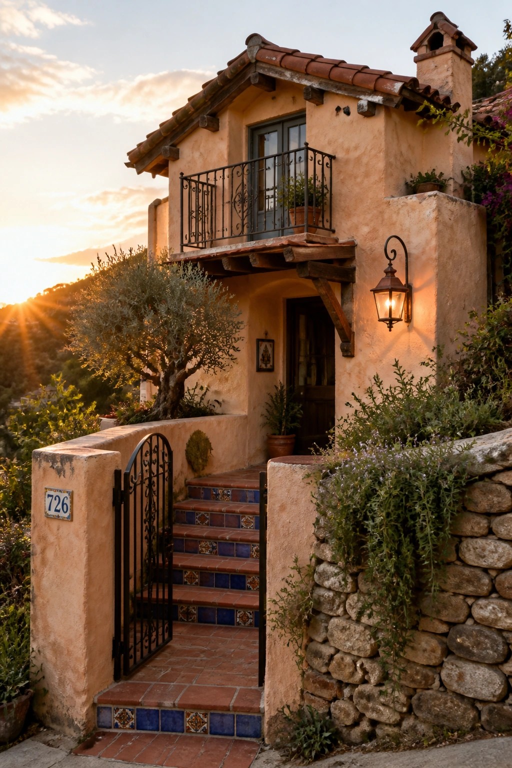 A small stucco house with a black iron gate, colorful tiled stairs leading to a wooden door, and a small balcony above.