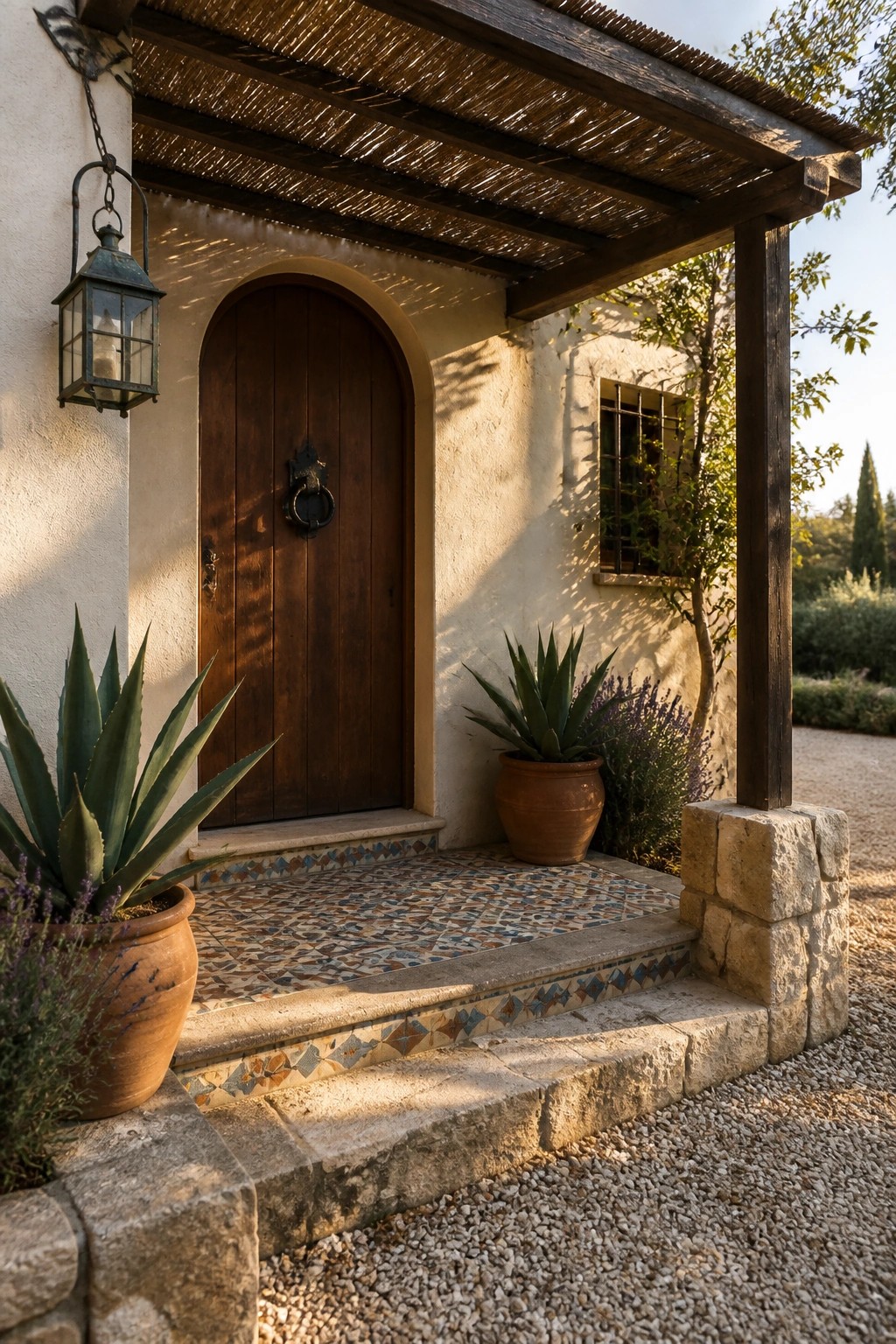 Rustic arched wooden door with colorful tiled steps, terracotta plant pots, and hanging lantern.