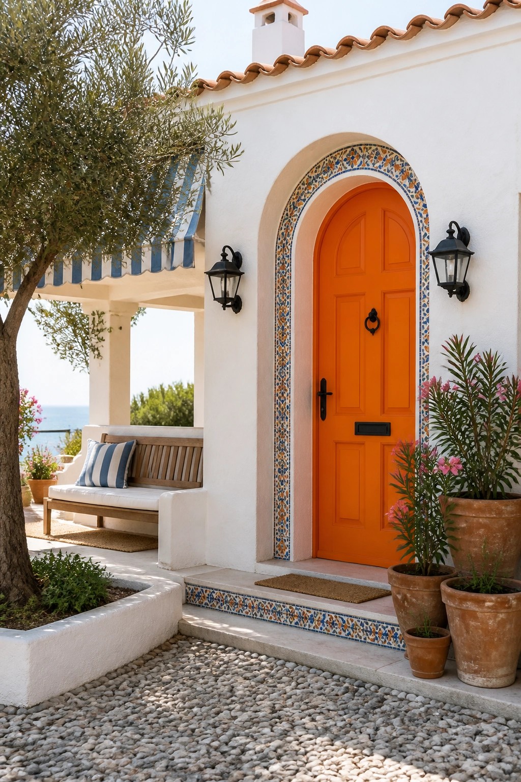 A white stucco Mediterranean house exterior with a bright orange arched wooden door framed by colorful mosaic tile, black lanterns on either side, and terracotta pots with plants on the steps.