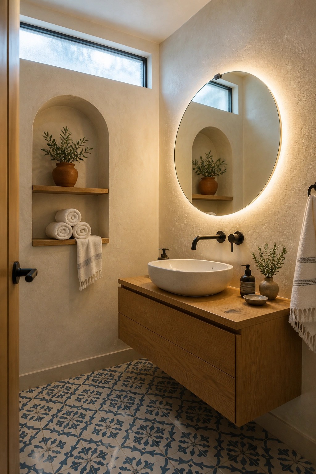 A compact bathroom featuring a floating wood vanity with a white vessel sink, a round illuminated mirror, and two arched wall niches holding rolled towels and potted plants above patterned floor tiles.