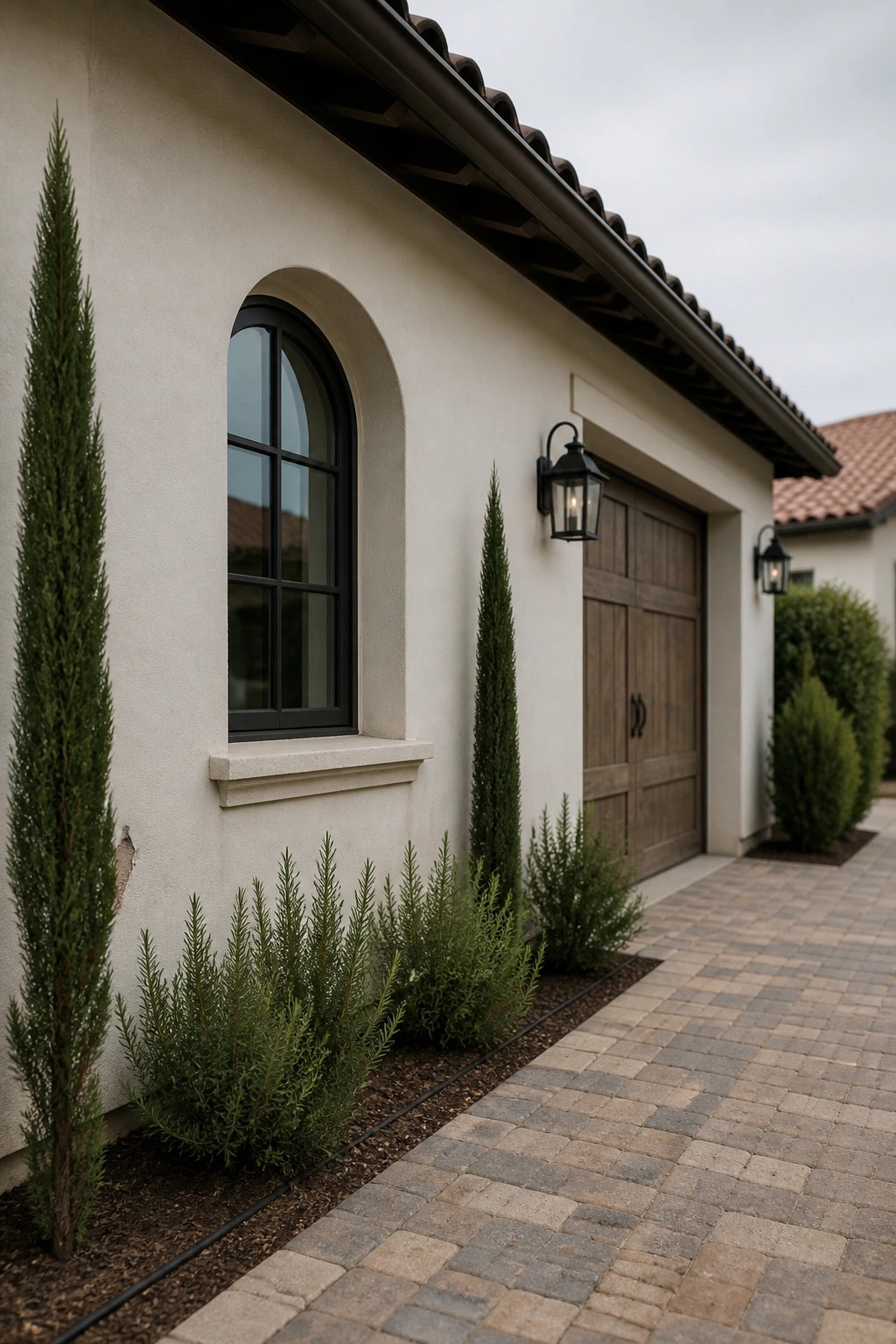 A light stucco house exterior with an arched black window, wooden garage door, black lantern sconces, and tall narrow trees planted along the front.