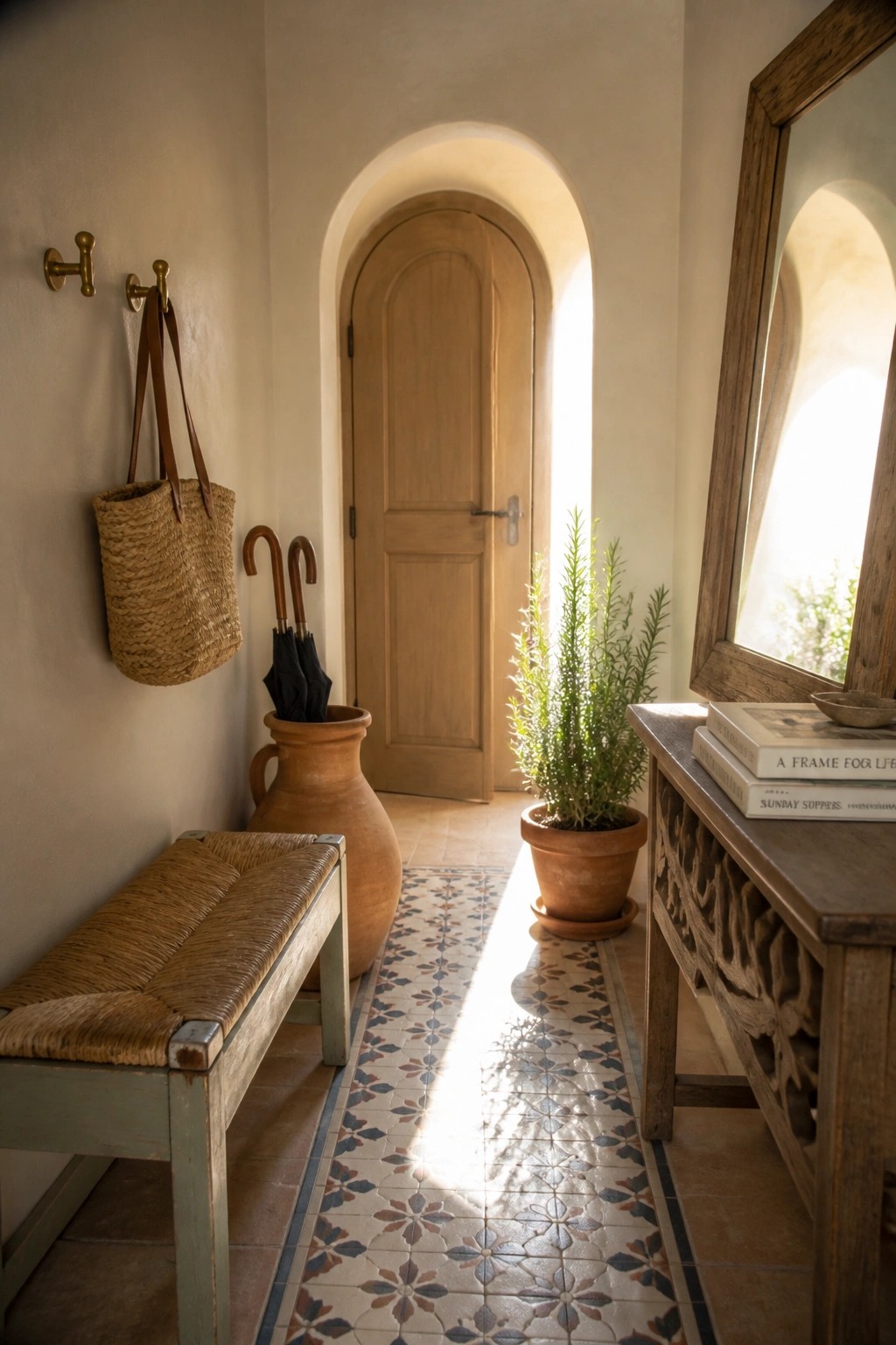 A narrow Mediterranean-style entry hallway with a wooden bench on the left, terracotta pots, a woven bag on hooks, and an arched wooden door at the end.