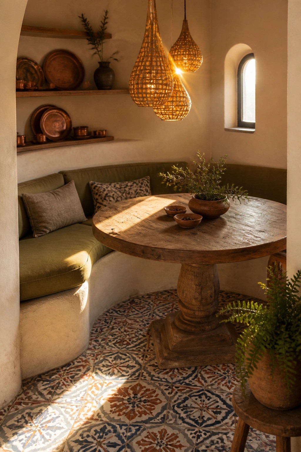 Interior view of a small corner with curved green built-in seating, a round wooden pedestal table, patterned tile floor, and woven pendant lights above.