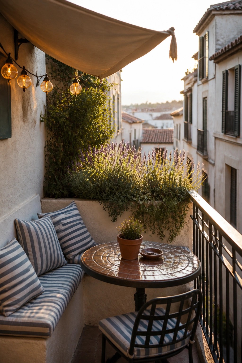 A small balcony features built-in corner bench seating with blue and white striped cushions, a round tiled table, a single chair, potted plants, and string lights beneath a shade sail.