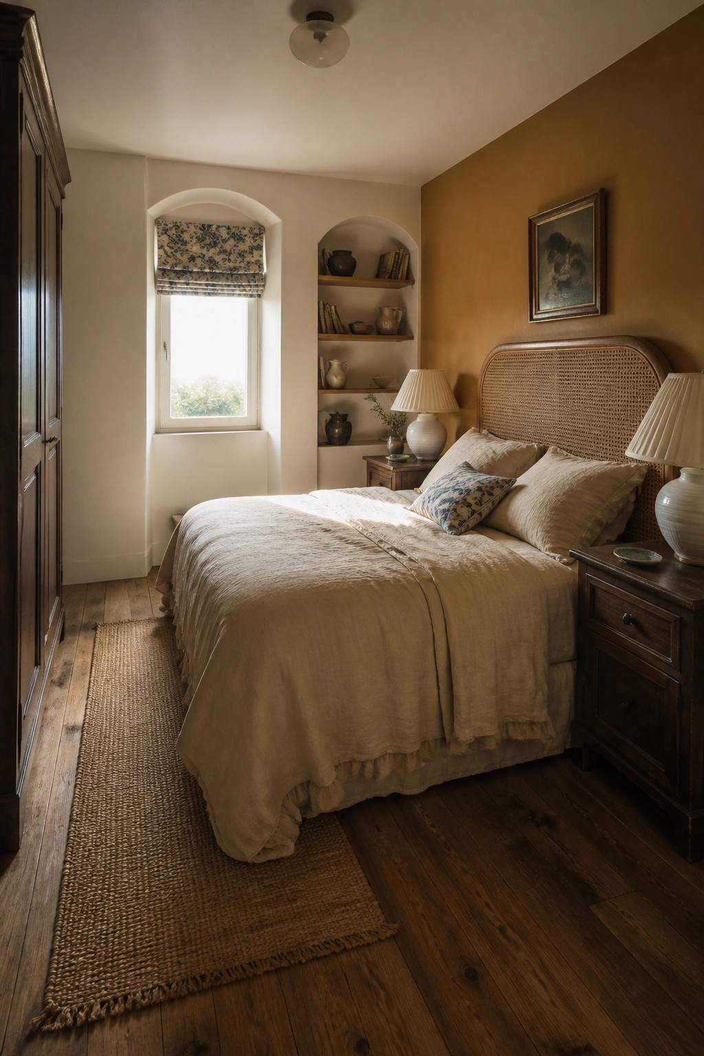 A bedroom interior with a bed dressed in beige linen, a rattan headboard, dark wood nightstands, and two arched recessed niches holding books and pottery on one wall.