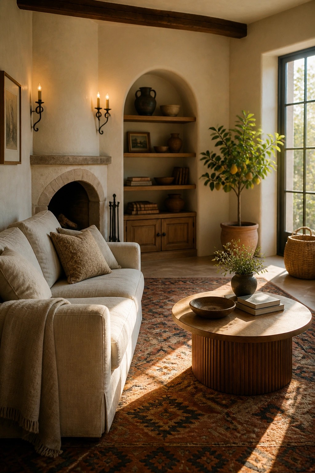 A living room with a light sofa, round wooden coffee table, patterned rug, and a fireplace flanked by wall sconces and arched built-in shelves above a wooden cabinet.