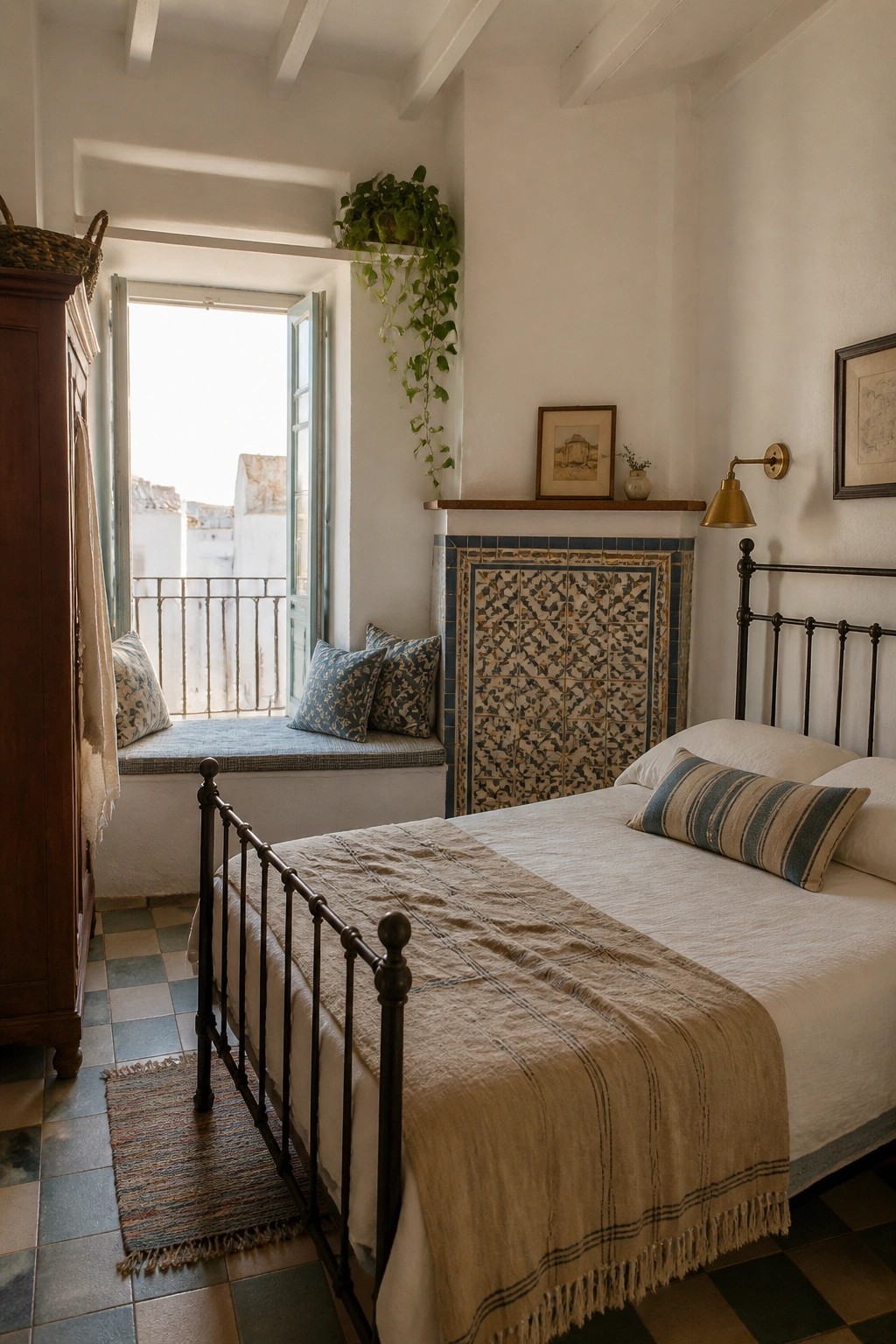 A small bedroom interior featuring a black metal bed with white linens, a built-in window seat with blue patterned cushions beneath an open window, and a decorative tiled wall panel beside it.