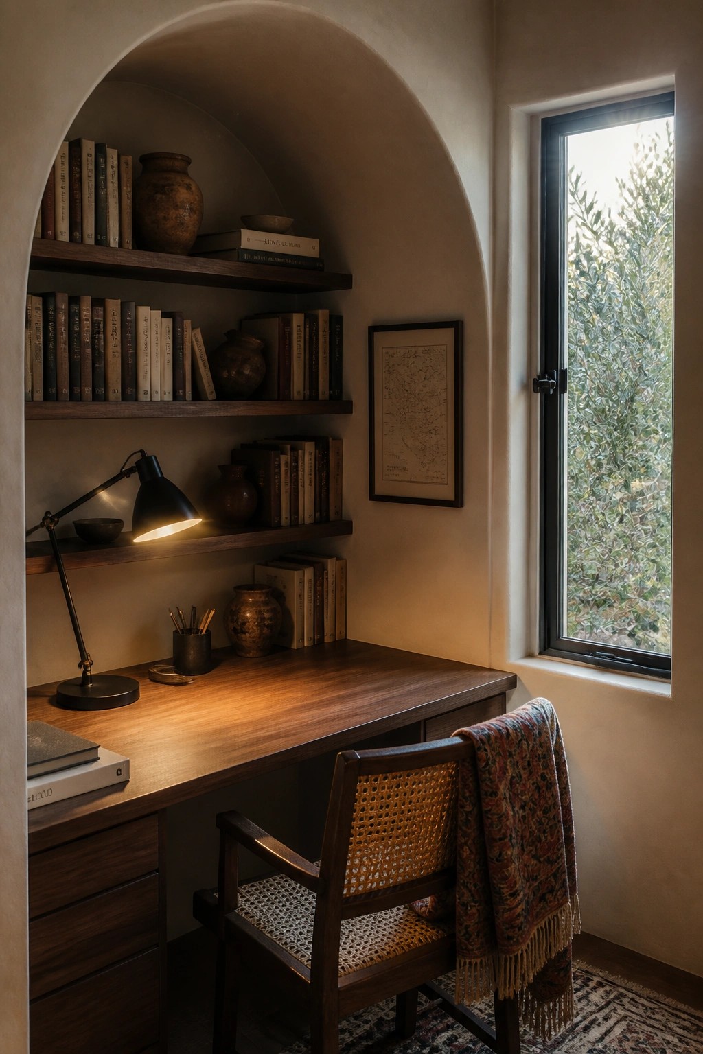A compact wooden desk with built-in shelves in an arched alcove beside a window, with a wooden chair and desk lamp.
