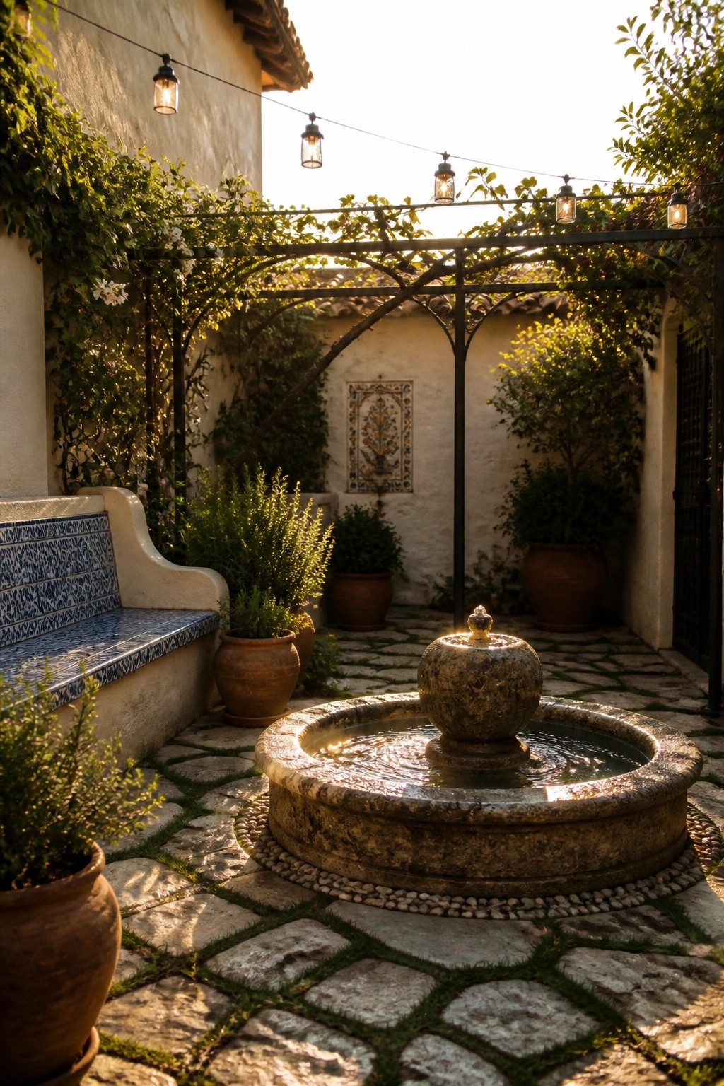 Stone fountain in sunlit courtyard with potted plants, tiled bench, and string lights