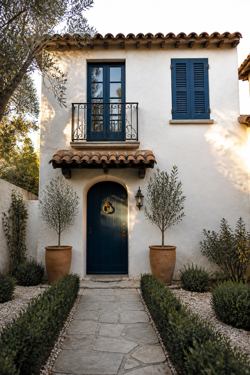 A compact white stucco house with an arched blue door, blue shutters on the upper windows, and large terracotta pots flanking a stone pathway.