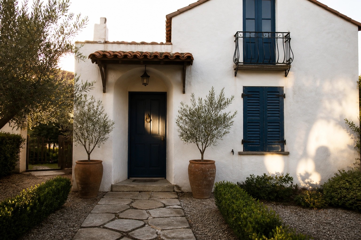 A compact white stucco house with an arched blue door, blue shutters on the upper windows, and large terracotta pots flanking a stone pathway.