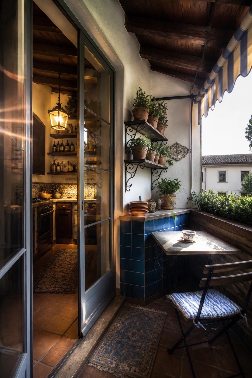 A compact balcony with a small metal table, one folding chair, and wall-mounted shelves holding potted plants next to an open door into a kitchen.