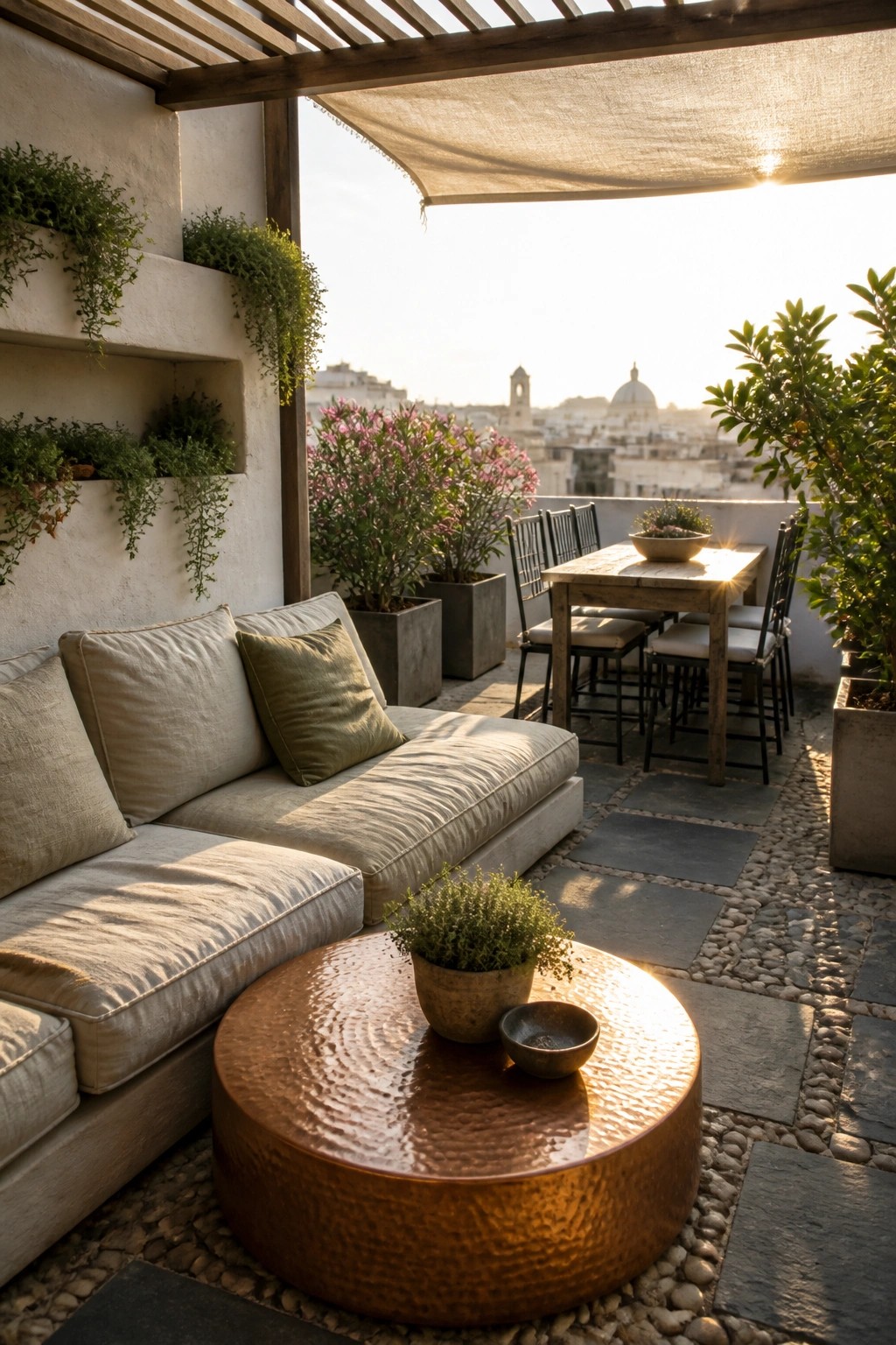 A compact rooftop terrace featuring a sectional sofa, round hammered metal coffee table, dining table with chairs, and multiple potted plants under a wooden pergola with a fabric awning overlooking a cityscape.