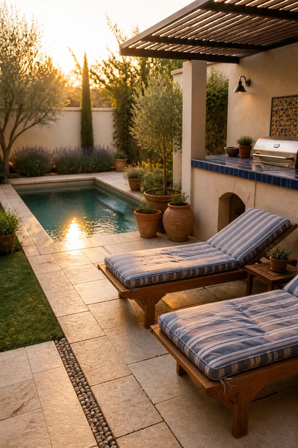 Wooden lounge chairs with striped cushions beside a sunlit backyard pool