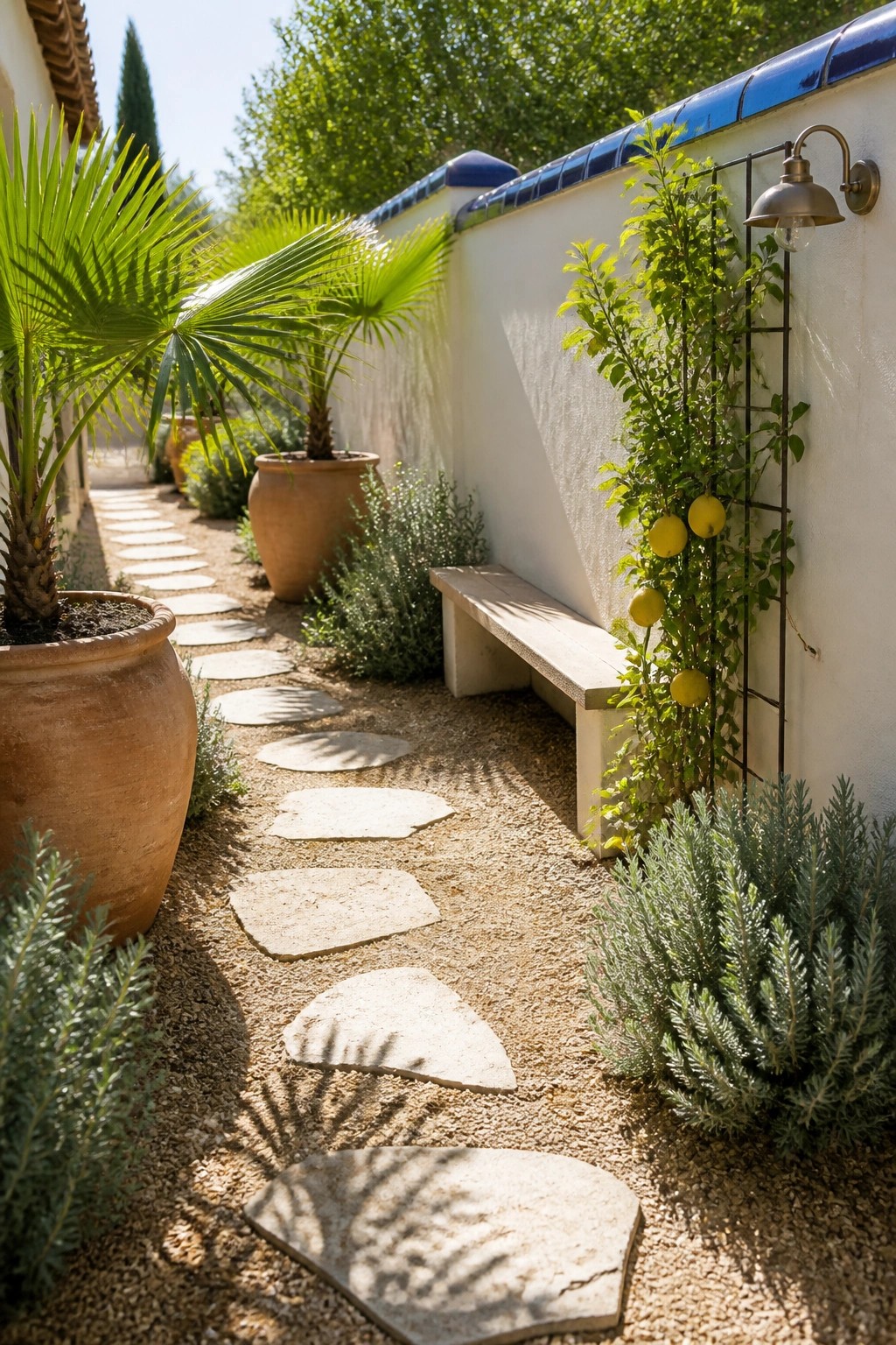 A gravel path of irregular stepping stones runs beside a white wall with blue tile coping, a built-in bench, large terracotta pots, and a trellis with climbing lemon tree.