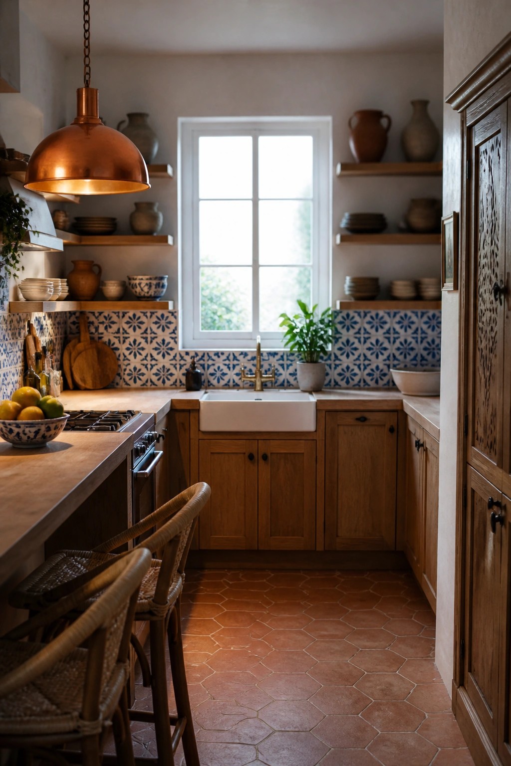 A compact kitchen with terracotta hexagonal floor tiles, wooden cabinets, a white farmhouse sink, blue and white tile backsplash, and open wooden shelves holding pottery.