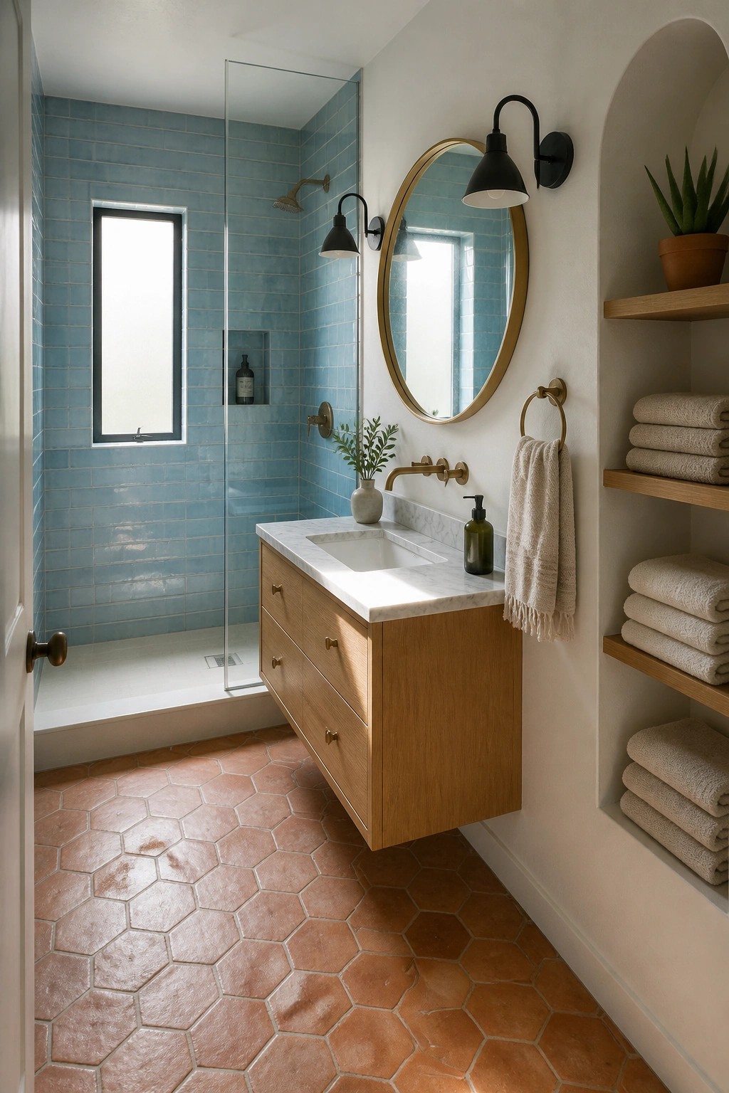 A small bathroom with blue subway tiles on the walls, terracotta hexagonal floor tiles, a floating light wood vanity with white marble top, and a round gold-framed mirror.