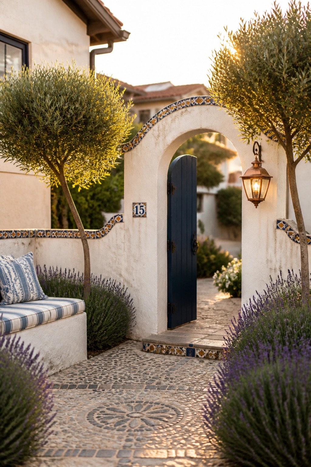A white stucco exterior wall with a colorful tiled arch framing a blue wooden door, set along a cobblestone path with lavender and olive trees nearby.