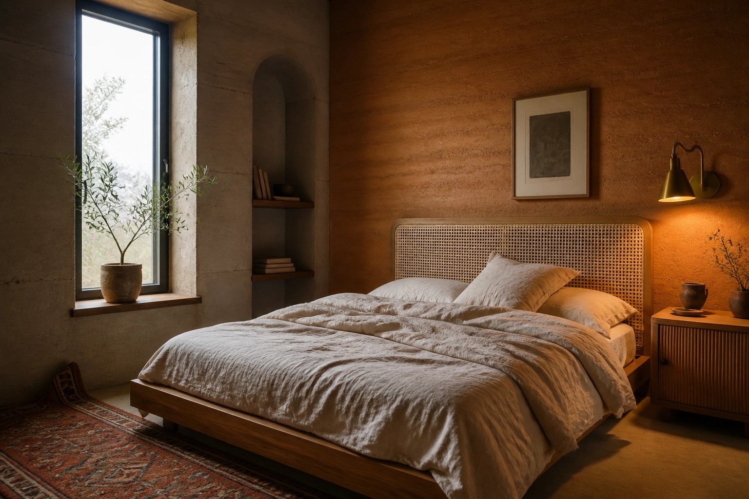 A bedroom featuring textured rammed earth walls, a wooden bed with white linens, a woven rug on the floor, and a window with a potted plant on the sill.
