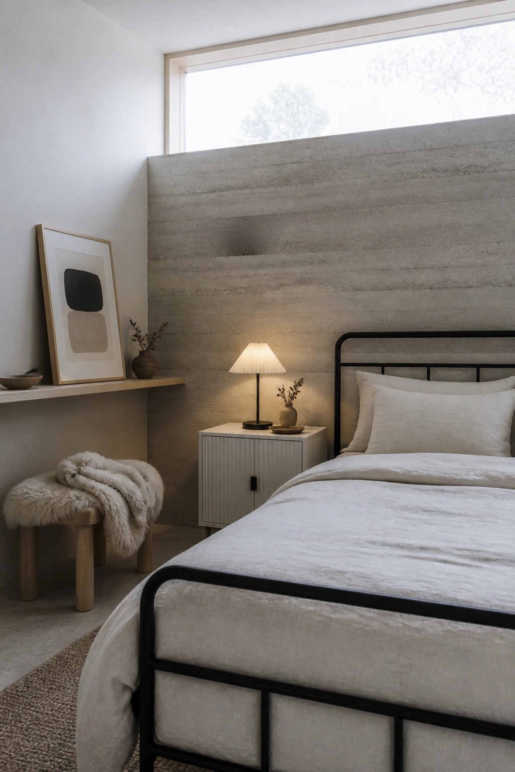 A bedroom with a rammed earth accent wall behind a bed with a black metal frame and light bedding, next to a small cabinet and a wooden stool with a sheepskin throw.
