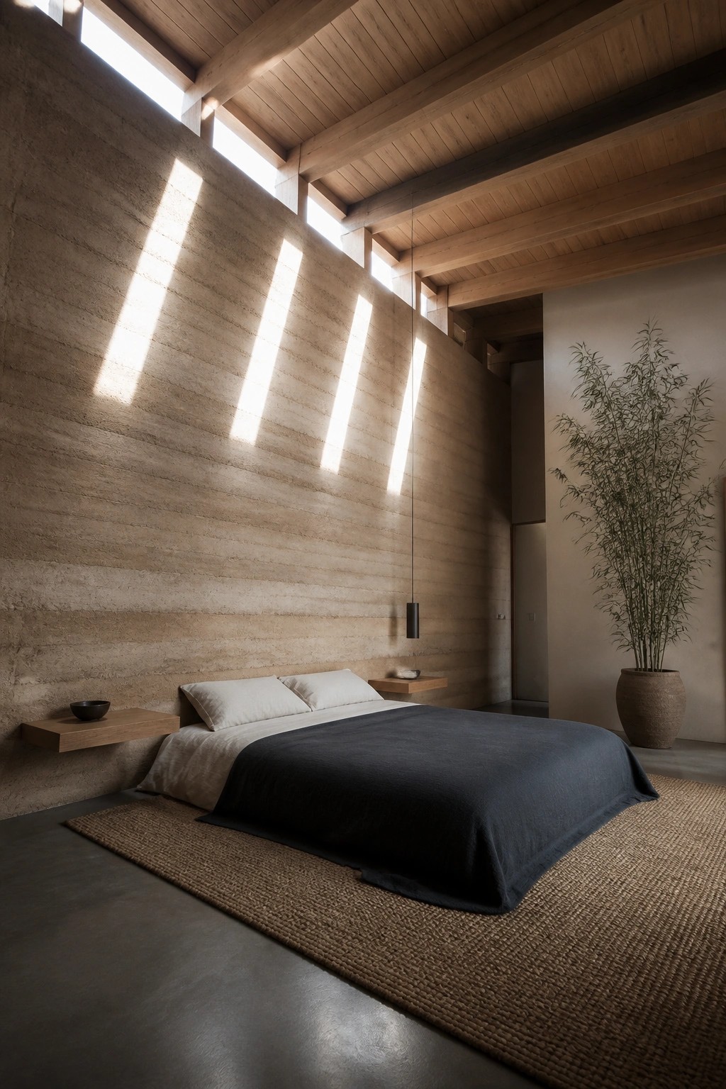 A bedroom featuring tall rammed earth walls, a bed with white pillows and a dark cover, floating wood nightstands, and sunlight coming through narrow high windows.
