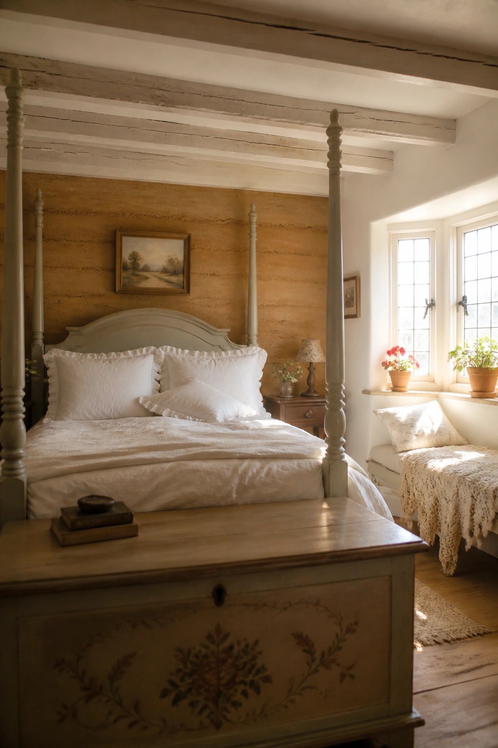 A bedroom interior featuring textured rammed earth walls, a four-poster bed with white bedding, and a painted wooden chest in the foreground.