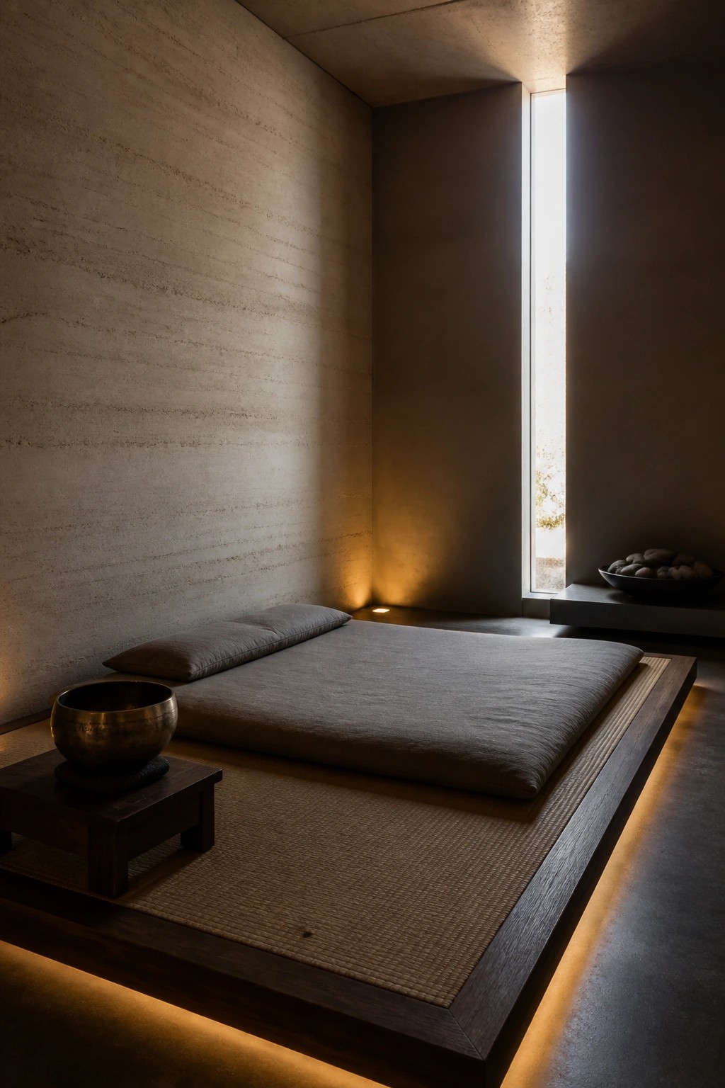 A minimalist bedroom with textured rammed earth walls, a low wooden platform bed on a tatami mat, a singing bowl on a small side table, and a tall narrow window.