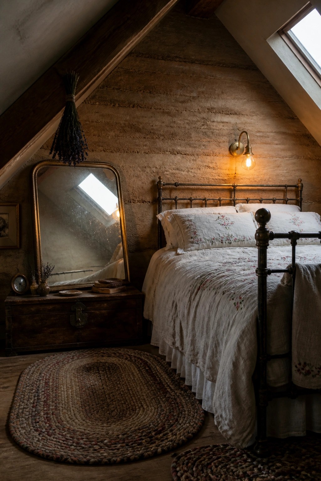 An attic bedroom with rammed earth walls, a dark metal bed frame with white floral linens, a large leaning mirror, a wooden chest, and woven rugs on the floor.