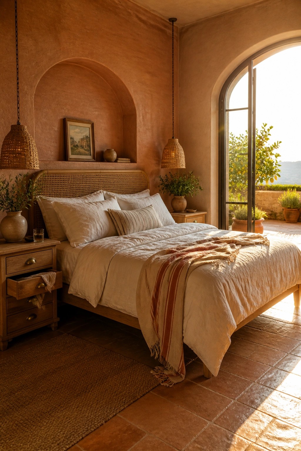 A bedroom interior with textured rammed earth walls in warm terracotta tones, an arched niche above a wooden bed with white bedding, and woven pendant lights on either side.