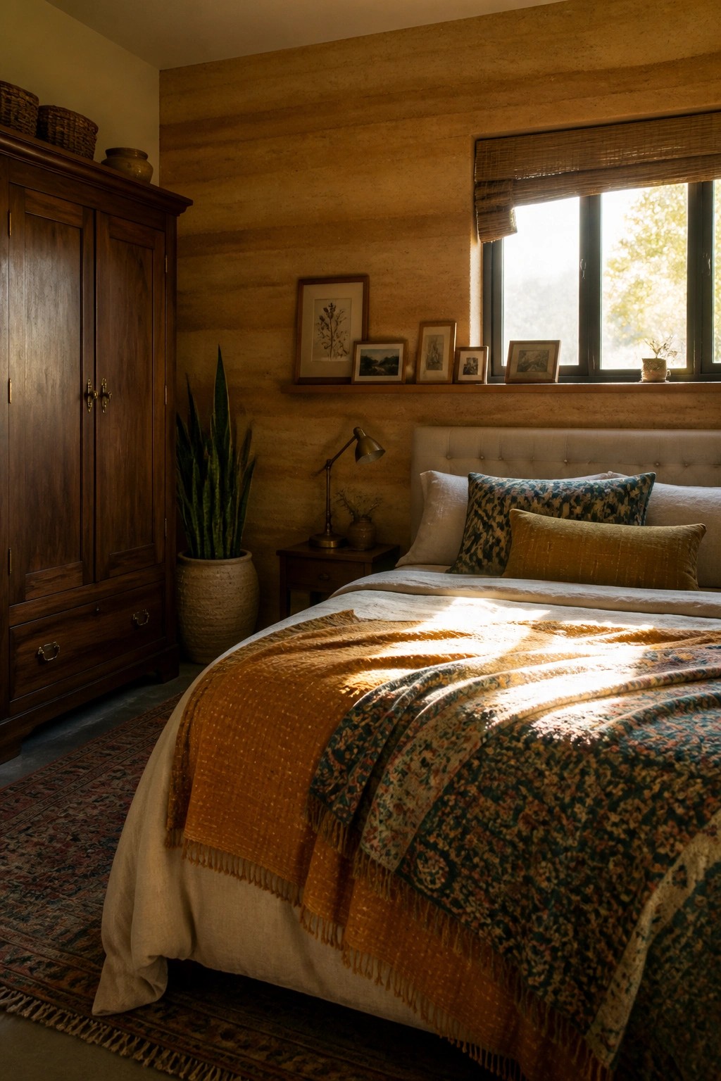 Bedroom interior with rammed earth walls, a bed with layered blankets and pillows, a dark wood armoire, potted plant, and a window with woven shade.