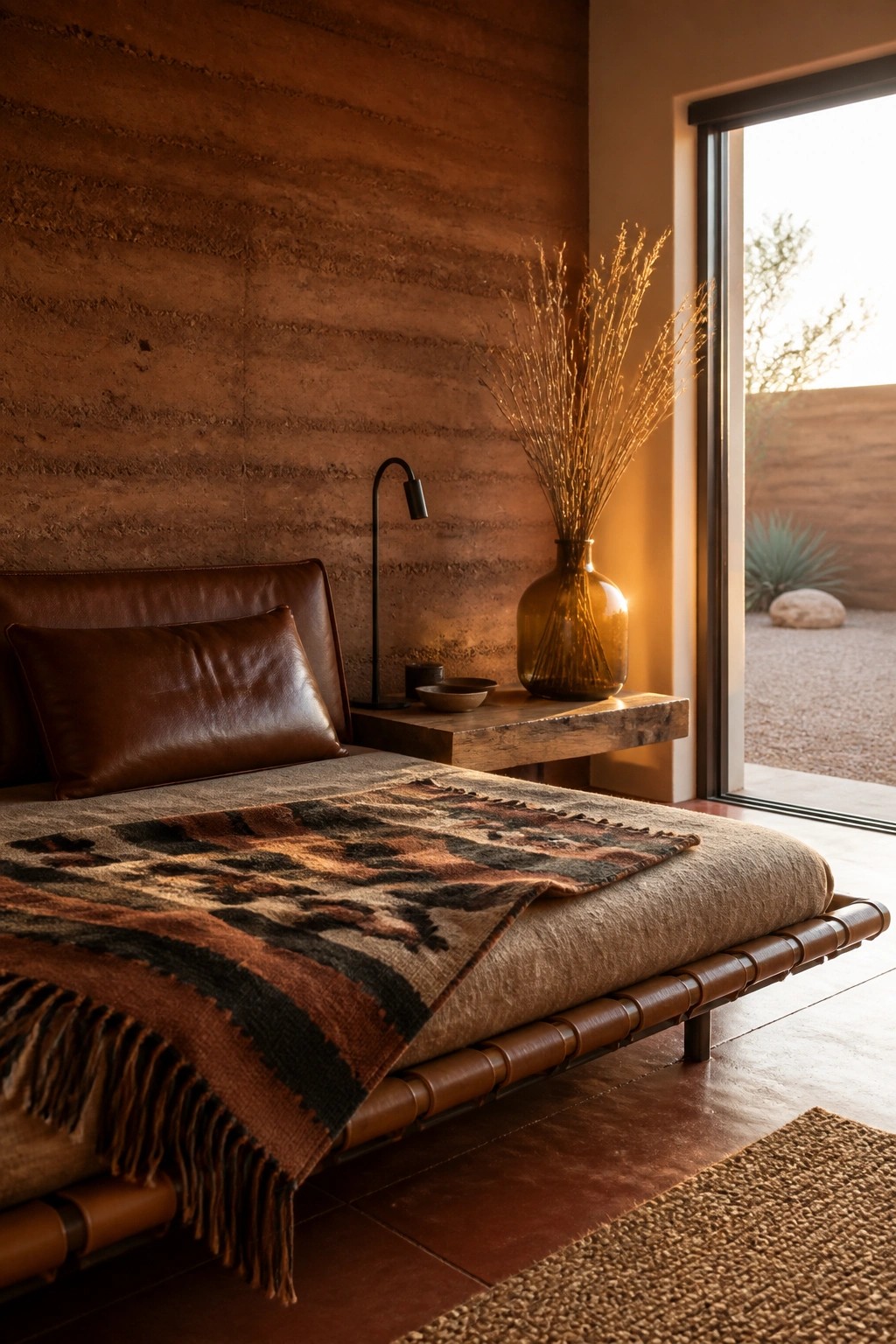 A bedroom interior with textured rammed earth walls, a low wooden bed with a leather headboard, a patterned blanket, and a wooden side table beside a large glass door.