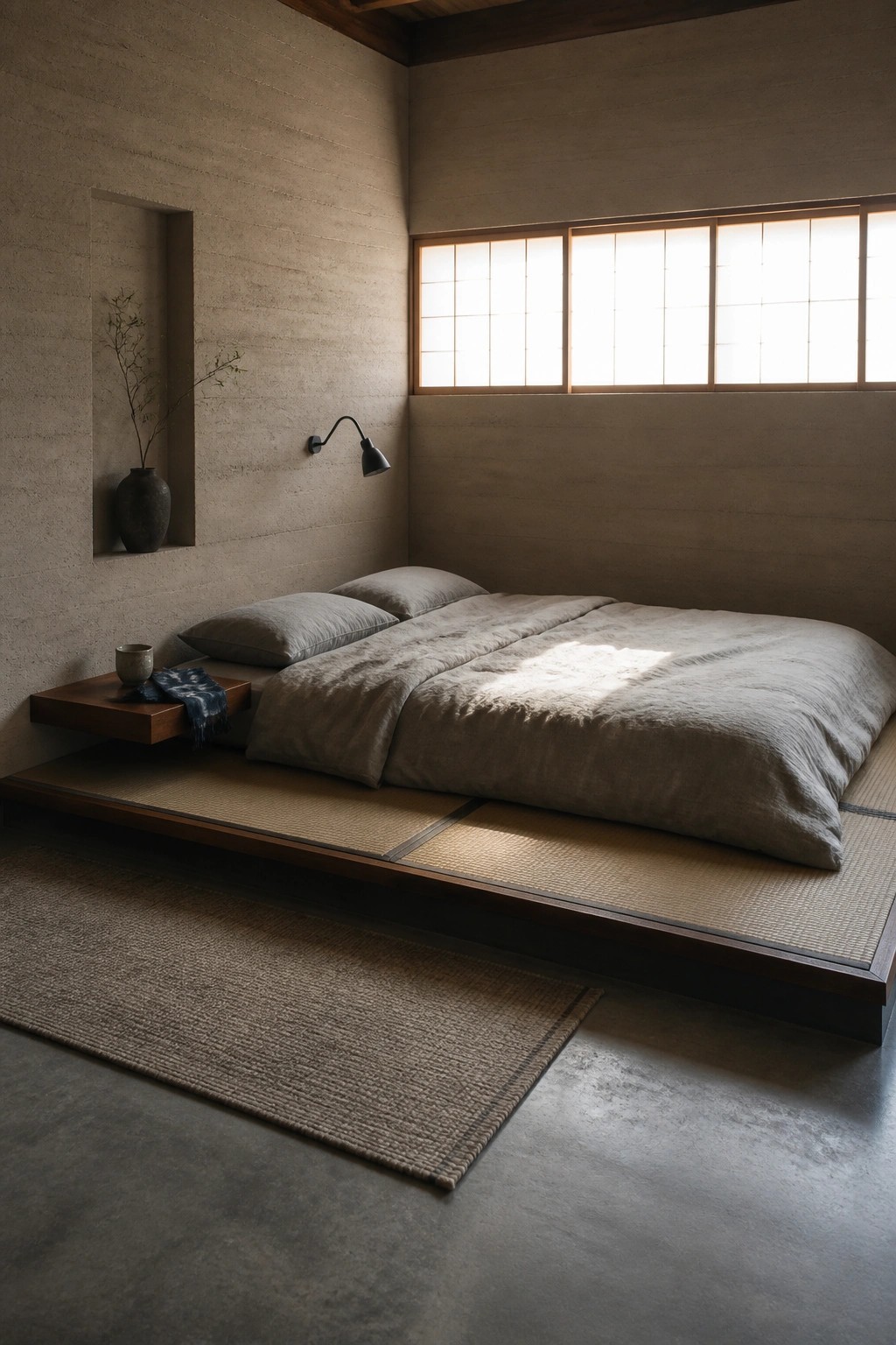 A bedroom with rammed earth walls, a low platform bed on tatami mats, a floating wooden nightstand, and large shoji windows.