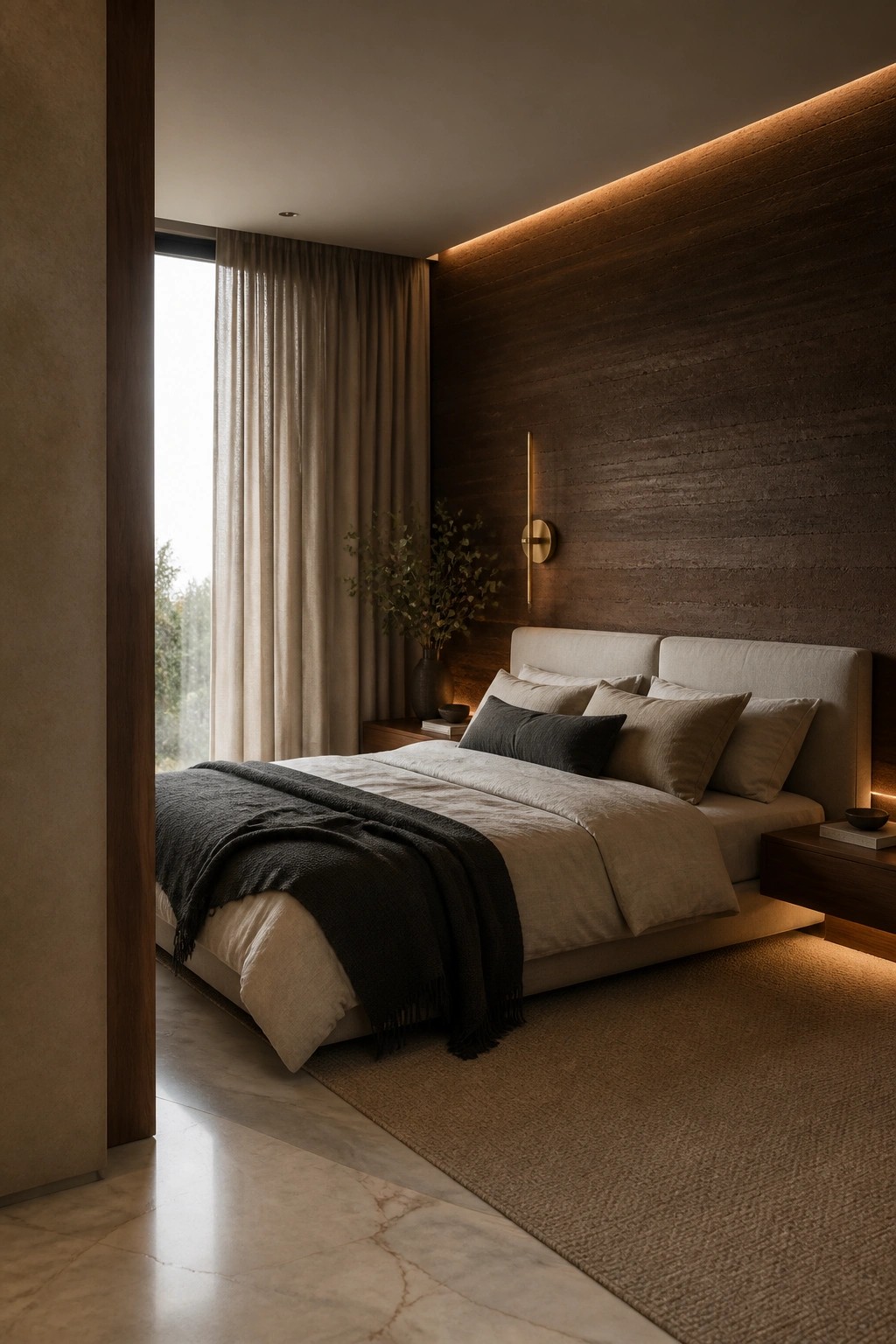 A modern bedroom with a large rammed earth accent wall behind a bed dressed in neutral linens, dark throw, and pillows, next to a tall window with sheer curtains.