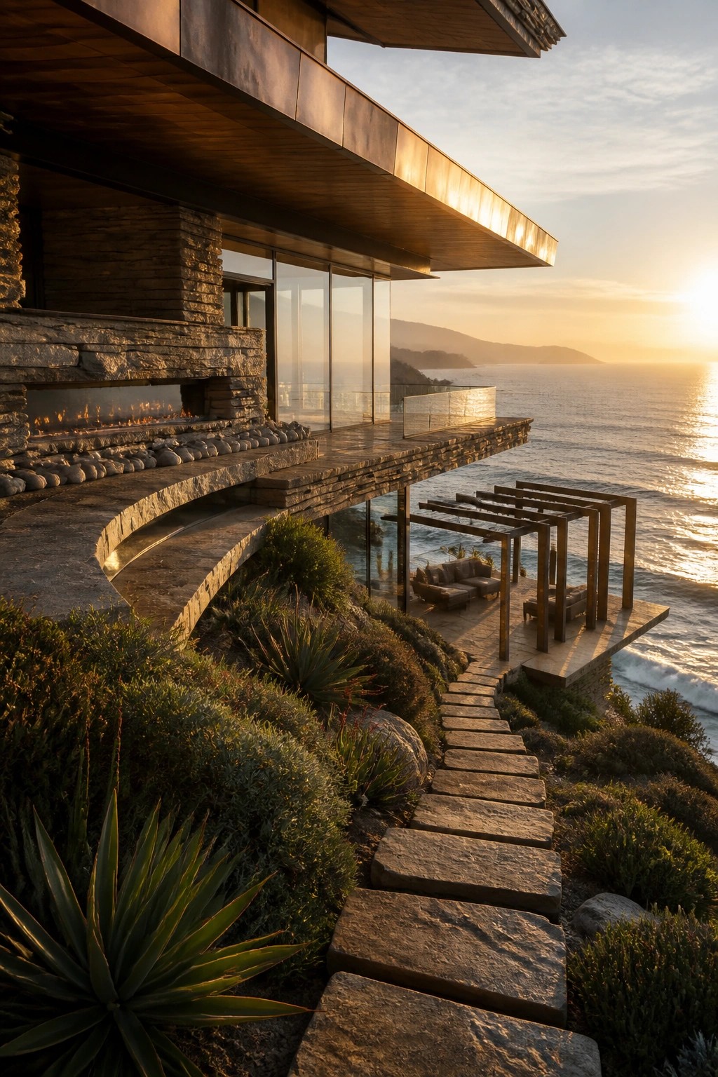 A modern hillside home with a large cantilevered wooden roof overhang above a stone patio with outdoor seating, set against the ocean at sunset with a stone pathway leading up from the landscape.