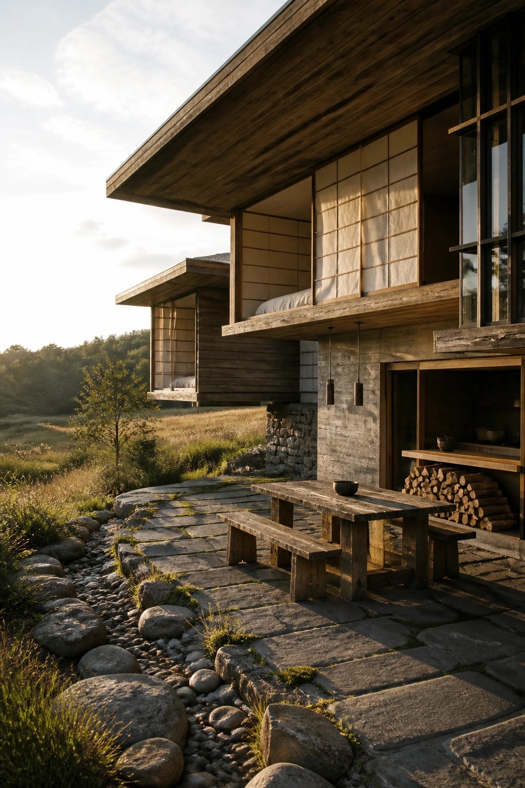A modern wooden and concrete house with multiple cantilevered overhangs, stone foundation, and a wooden outdoor dining table on a stone patio beside a rocky path.