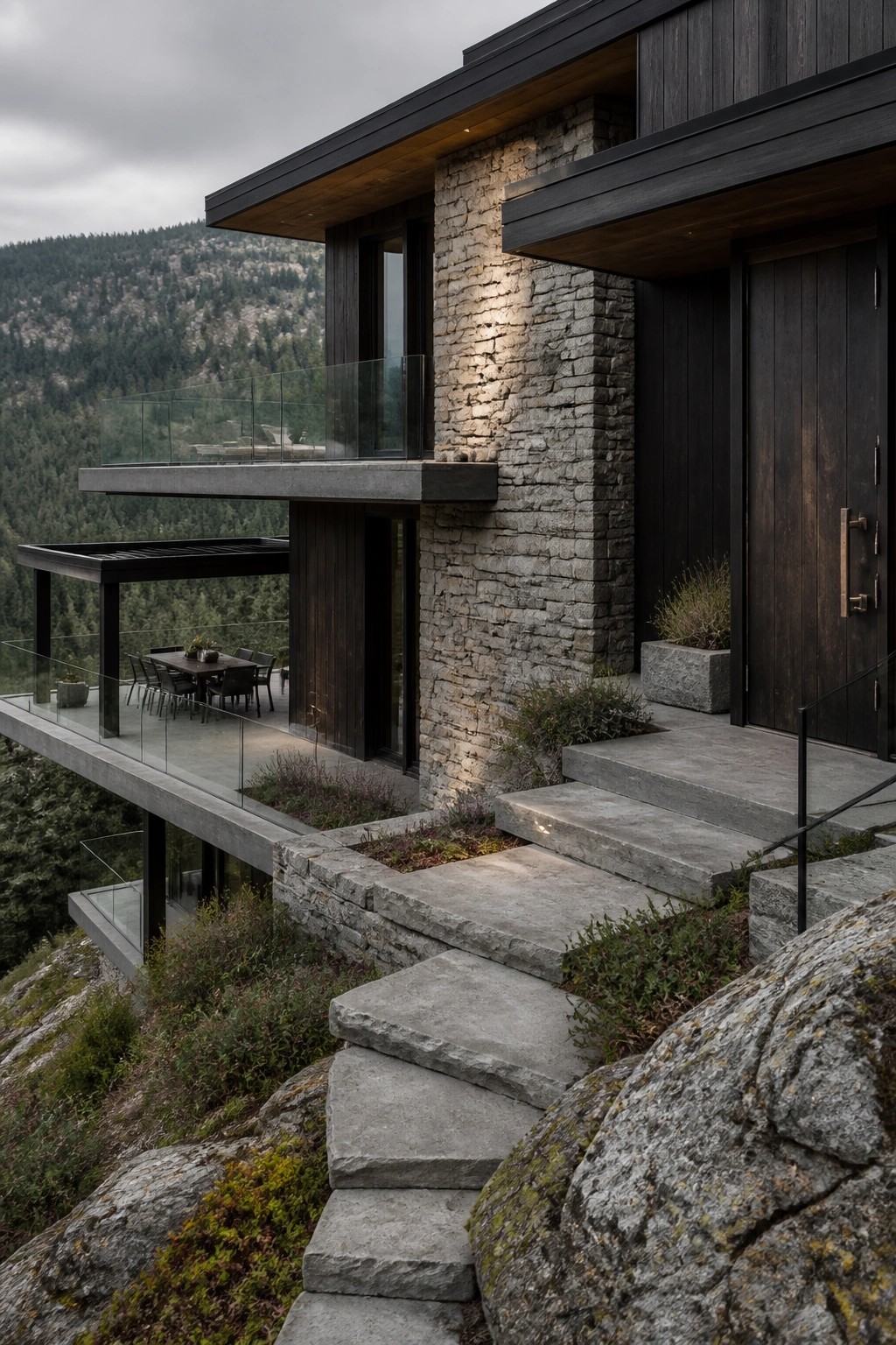 A modern hillside house with multiple dark wood and concrete cantilevered overhangs, stone walls, and terraces overlooking a forested slope.