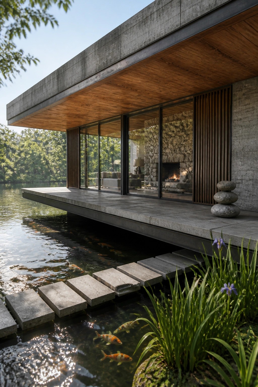 Modern house with a large concrete overhang and deck extending over a pond, stepping stones in the water, and interior stone fireplace visible through glass walls.