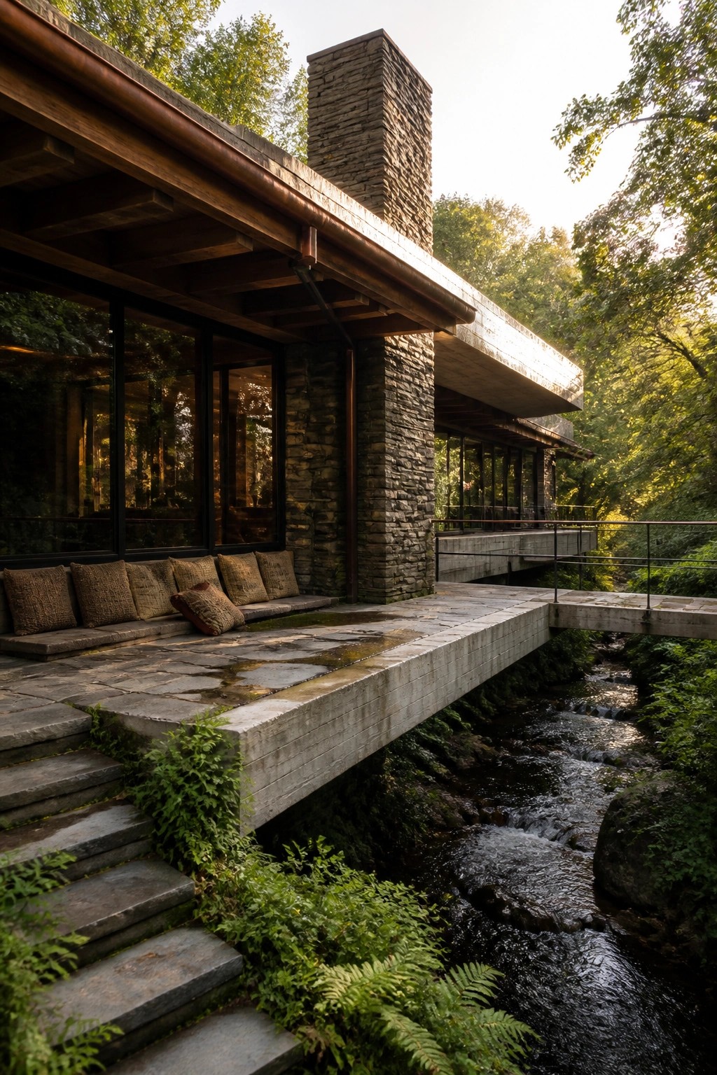 A modern house with a large cantilevered concrete overhang extending over a flowing stream, supported by stone walls and large windows facing the woods.