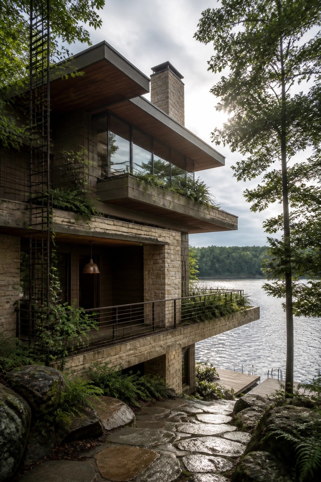 A modern stone and concrete house with large cantilevered overhangs extending over a lake, set among trees and rocks.