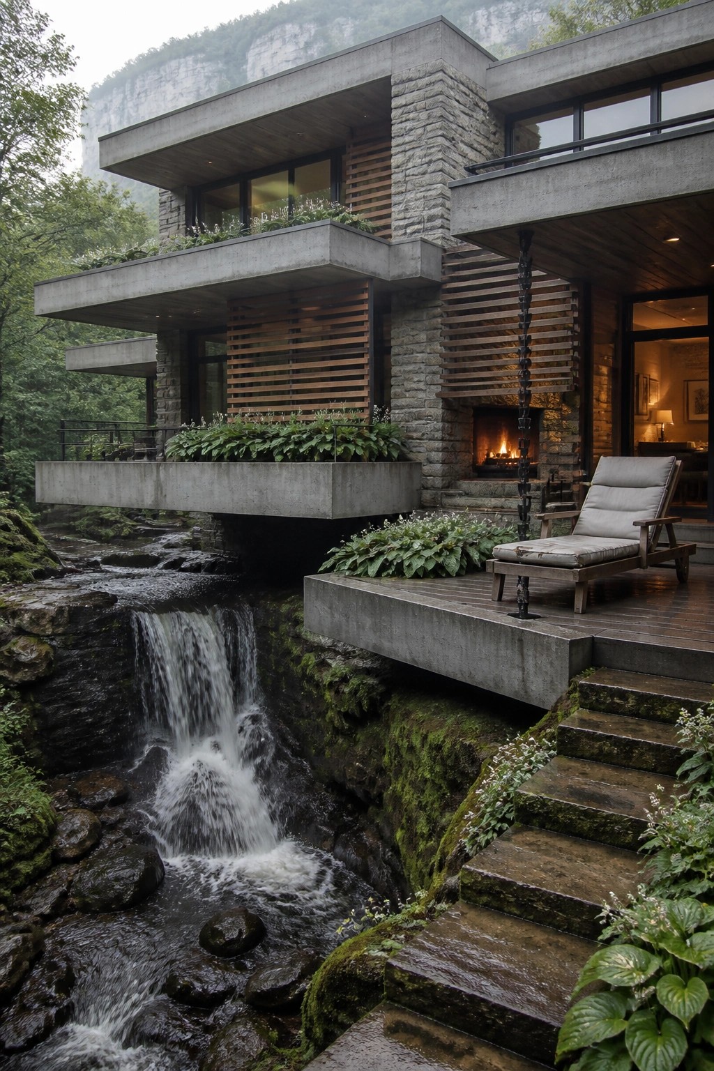 A concrete house with multiple large cantilevered overhangs positioned above a rocky waterfall and stream in a wooded setting.