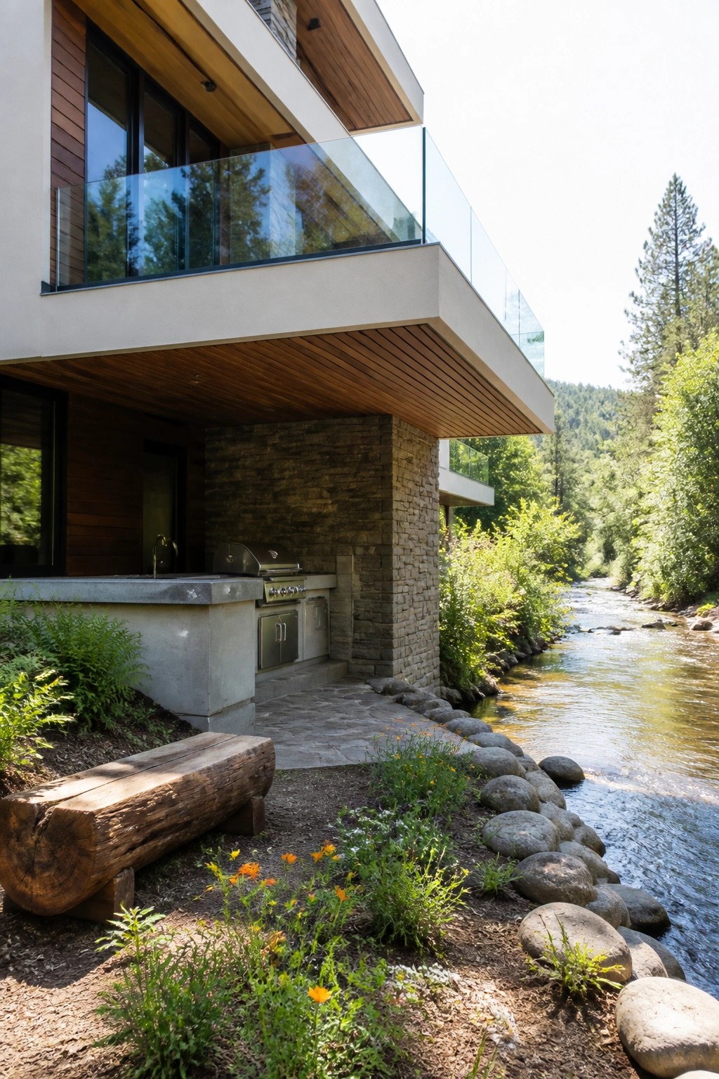 Modern house exterior with a large cantilevered wooden overhang above a stone outdoor kitchen next to a river.